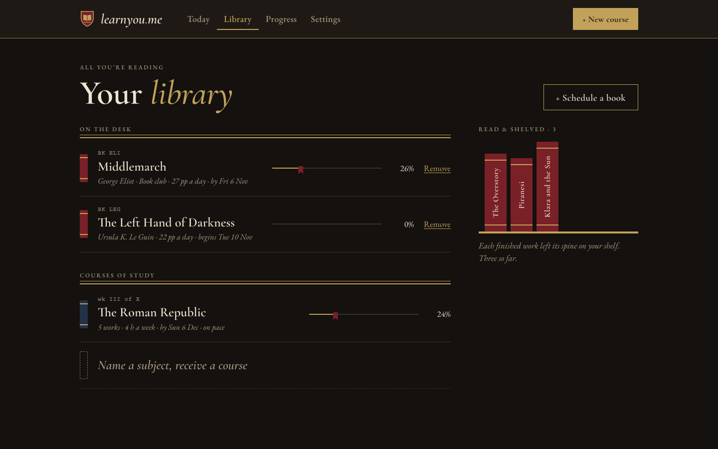 The Library page: books on the desk with pages a day and progress, a course of study, and finished books on a shelf.